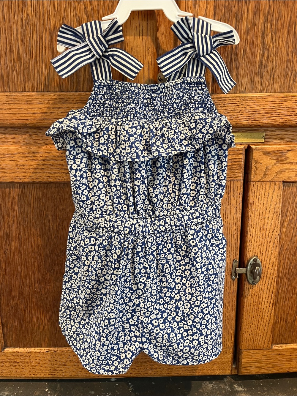 Crewcuts Navy Floral Smocked Romper with Striped Bow Straps